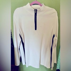 Cream 1/2 Zip Long Sleeve Pullover Sweater with Black Stripe on Sides.